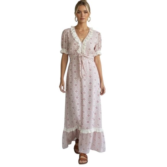 Vintage Dresses & Skirts - Vtg 70s Boho Handmade 2-Piece Pink Floral Halter Maxi Dress & Bolero Set XS OOAK